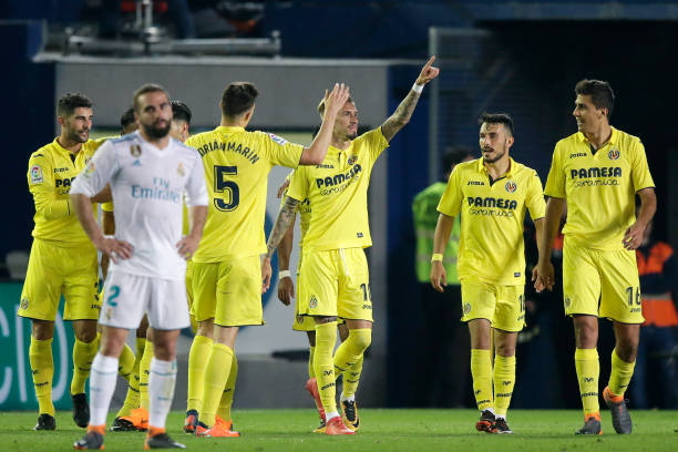 Samu Castillejo of Villarreal celebrates 22 during the La Liga Santander match between Villarreal v Real Madrid at the Estadio de la Ceramica on May...