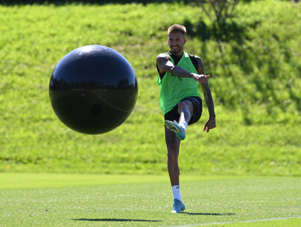 Samuel Castillejo of AC Milan in action during a training session at Milanello on July 08, 2022 in Cairate, Italy.