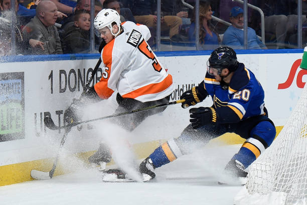 Samuel Morin of the Philadelphia Flyers and Alexander Steen of the St. Louis Blues battle for the puck at Enterprise Center on April 4, 2019 in St....