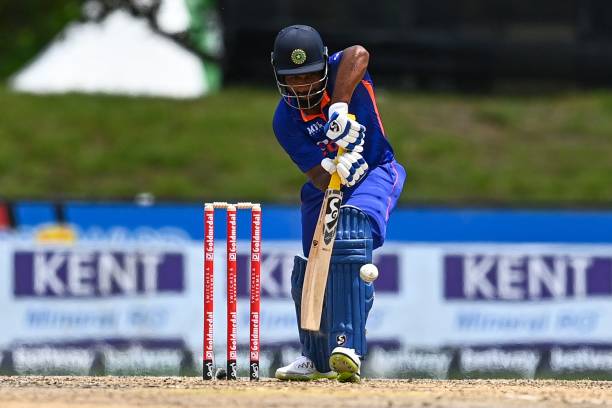 Sanju Samson, of India, takes a shot during the fourth T20I match between West Indies and India at the Central Broward Regional Park in Lauderhill,...