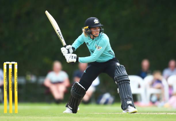 Sarah Taylor of Surrey Stars bats during the Kia Super League match between Surrey Stars and Lancashire Thunder on August 08, 2019 in Guildford,...