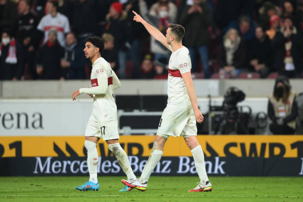 Sasa Kalajdzic of Stuttgart celebrates scoring his sides third goal during the Bundesliga match between VfB Stuttgart and Borussia Mönchengladbach at...