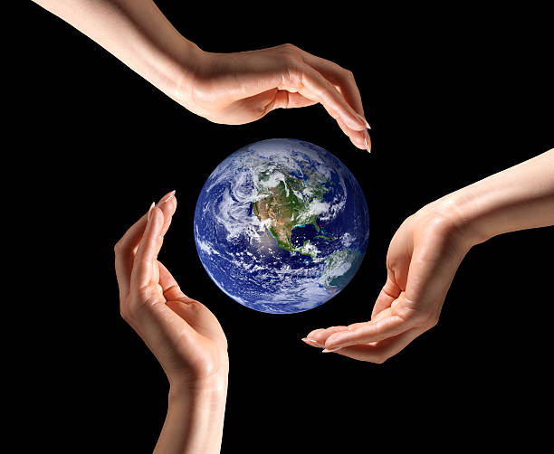 save planet earth, recycle; three hands around ecology globe - earth day stock pictures, royalty-free photos & images