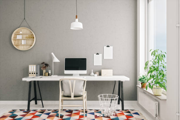scandinavian style modern home office interior - wallpapers for walls room stock pictures, royalty-free photos & images