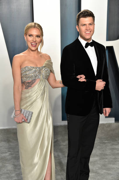 Scarlett Johansson and Colin Jost attends the 2020 Vanity Fair Oscar Party hosted by Radhika Jones at Wallis Annenberg Center for the Performing Arts...