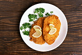 Schnitzel on plate, top view