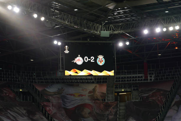 Scoreboard showing the end result after the UEFA Europa League Round of 32 leg one match between FC Salzburg and Villareal CF at Red Bull Arena on...
