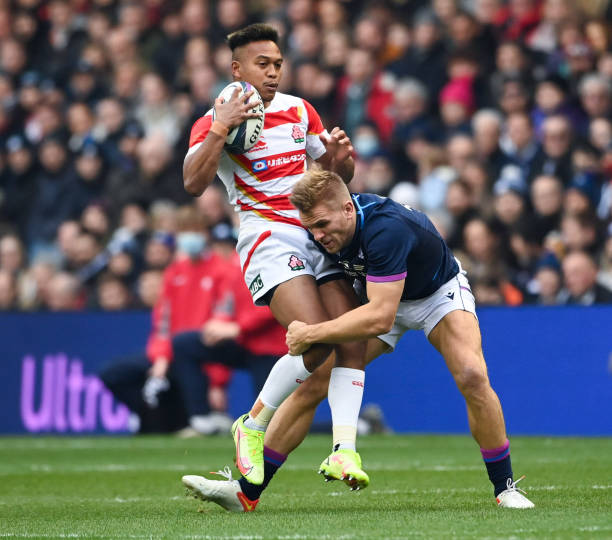 EDINBURGH, SCOTLAND - NOVEMBER 19: Scotland's Chris Harris (R) and Japan's Kotaro Matsushima during the Autumn Nations Series match between Scotland and Japan at BT Murrayfield, on November 20, 2021, in Edinburgh, Scotland. (Photo by Paul Devlin/SNS Group via Getty Images)