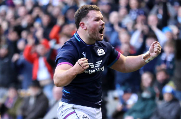 Scotland's Ewan Ashman celebrates scoring their side's second try of the game during the Autumn Internationals match at BT Murrayfield Stadium, Edinburgh. Picture date: Sunday November 7, 2021. See PA story RUGBYU Edinburgh. Photo credit should read: Steve Welsh/PA Wire. 