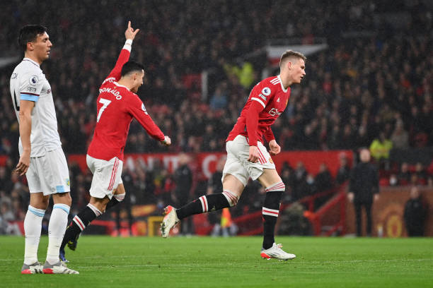 Scott McTominay of Manchester United celebrates with team mate Cristiano Ronaldo after scoring their sides first goal during the Premier League match...