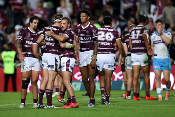 Sea Eagles players celebrate at full time during the round six NRL match between the Manly Sea Eagles and the Gold Coast Titans at 4 Pines Park, on...