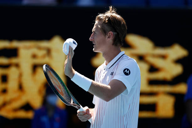 Sebastian Korda of United States celebrates winning his first round singles match against Cameron Norrie of Great Britain during day one of the 2022...