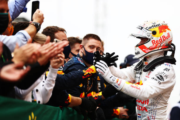 Second placed Max Verstappen of Netherlands and Red Bull Racing celebrates in parc ferme during the F1 Grand Prix of Turkey at Intercity Istanbul...