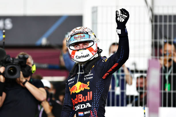 Second placed Max Verstappen of Netherlands and Red Bull Racing celebrates in parc ferme during the F1 Grand Prix of Qatar at Losail International...