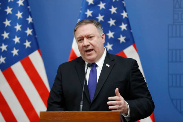 Secretary of State Mike Pompeo appears with Hungarian Foreign Minister Peter Szijjarto at the foreign ministry on February 11 2019 in Budapest...