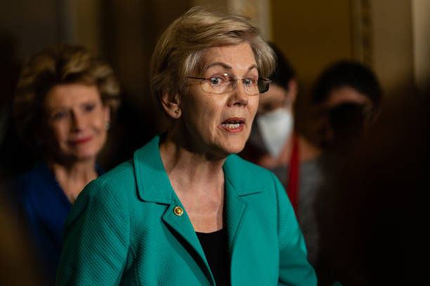 Senator Elizabeth Warren, a Democrat from Massachusetts, speaks during a news conference following the weekly Democratic caucus luncheon at the US...