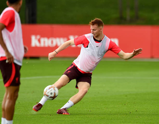 Sepp van den Berg of Liverpool during a training session at AXA Training Centre on August 04, 2022 in Kirkby, England.