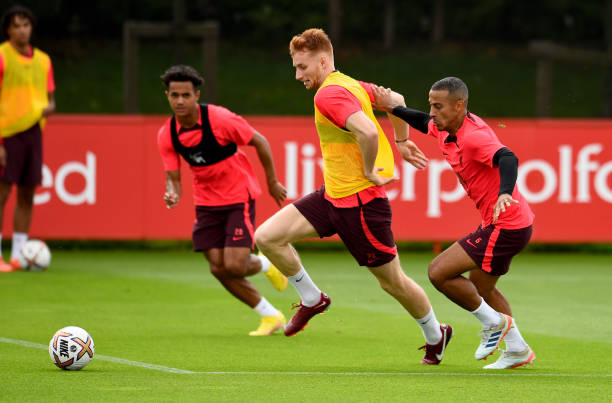 Sepp van den Berg, Thiago Alcantara and Fabio Carvalho of Liverpool during a training session at AXA Training Centre on August 04, 2022 in Kirkby,...