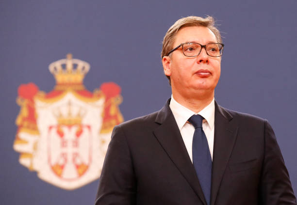 Serbian President Aleksandar Vucic speaks during the press conference with Prince Albert II of Monaco after their meeting at the Serbia Palace on...