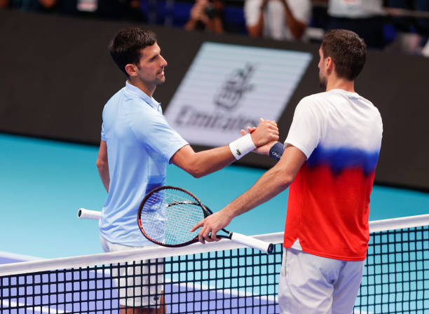 Serbia's Novak Djokovic and Croatian Marin Cilic compete in singles final of Tel Aviv Watergen Open on October 2, 2022 in Tel Aviv, Israel.