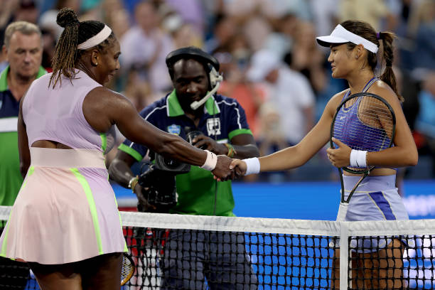 Serena Williams congratulates Emma Raducanu of Great Britain after their match during the Western & Southern Open at Lindner Family Tennis Center on...