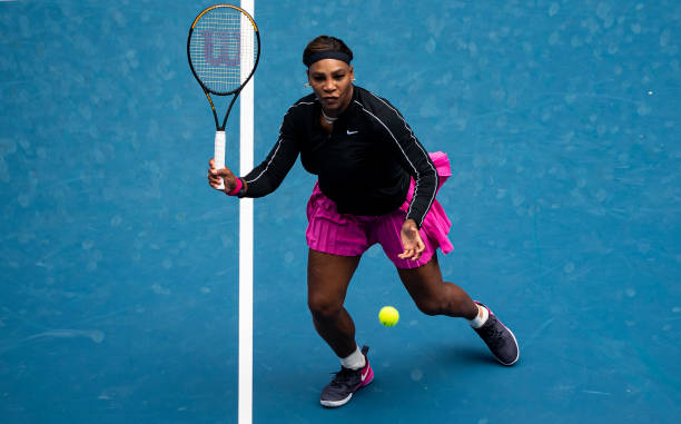 Serena Williams of the United States hits a forehand against Daria Gavrilova of Australia during day two of the WTA 500 Yarra Valley Classic at...
