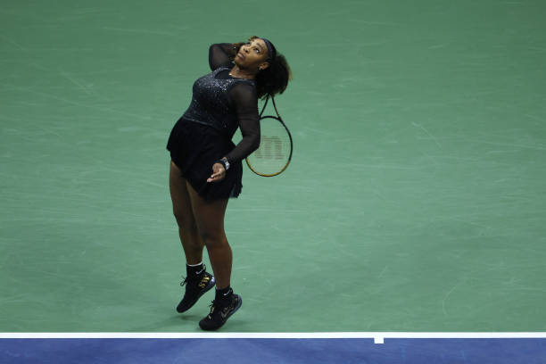 Serena Williams of the United States serves against Ajla Tomlijanovic of Australia during their Women's Singles Third Round match on Day Five of the...