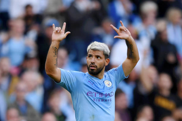 Sergio Aguero of Manchester City celebrates after scoring his team's second goal during the Premier League match between Manchester City and...
