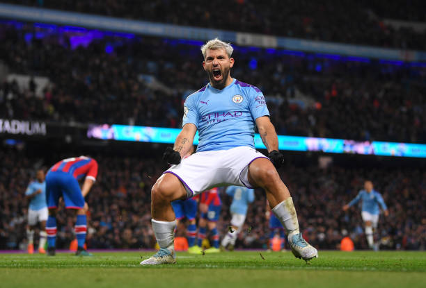 Sergio Aguero of Manchester City celebrates scoring his second goal during the Premier League match between Manchester City and Crystal Palace at...