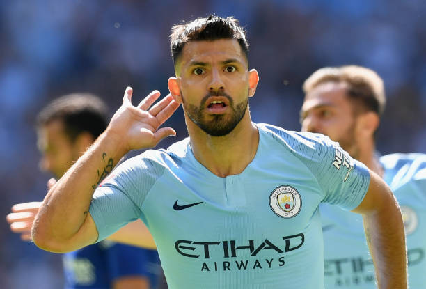 Sergio Aguero of Manchester City celebrates scoring his side's first goal during the FA Community Shield between Manchester City and Chelsea at...