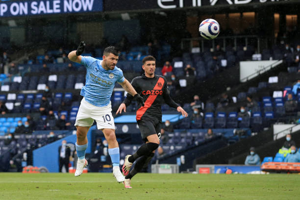 Sergio Aguero of Manchester City scores their 5th goal during the Premier League match between Manchester City and Everton at Etihad Stadium on May...