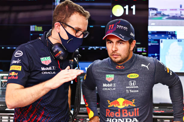 Sergio Perez of Mexico and Red Bull Racing prepares to drive in the garage before the F1 Grand Prix of Qatar at Losail International Circuit on...