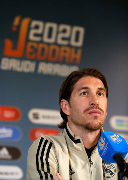 Sergio Ramos of Real Madrid speaks to media during a press conference ahead of the Supercopa de Espana Final at Ittihad Club on January 11 2020 in...