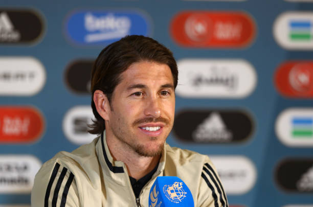 Sergio Ramos of Real Madrid speaks to media during a press conference ahead of the Supercopa de Espana Final at Ittihad Club on January 11 2020 in...