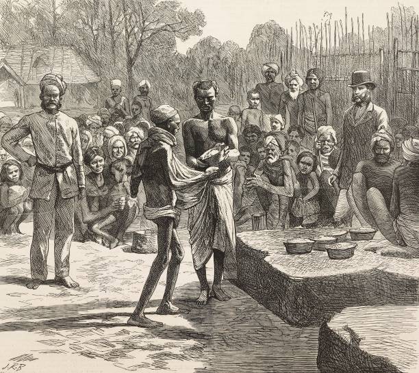 Serving out boiled rice, the relief camp at Monegar Choultry, Chennai, the famine in the Madras Presidency, India, illustration from the magazine The...