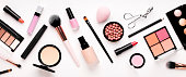 Set of cosmetic products for makeup with natural brushes