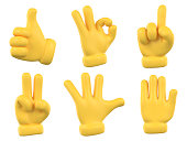 Set of hands gesture icons and symbols. Yellow emoji hand icons. Different gestures, hands, signals and signs, 3d illustration