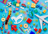 Set of kids toys on blue background
