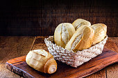 several traditional breads from brazil, on a rustic wooden background in a straw basket. National day of Brazilian French bread.