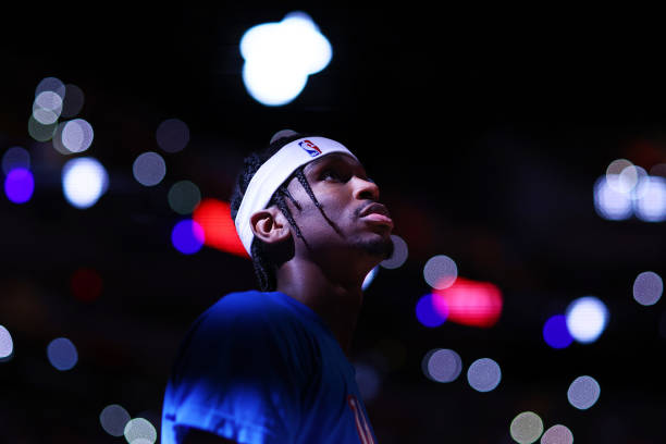 Shai Gilgeous-Alexander of the Oklahoma City Thunder looks on prior to the game against the Miami Heat at FTX Arena on March 18, 2022 in Miami,...