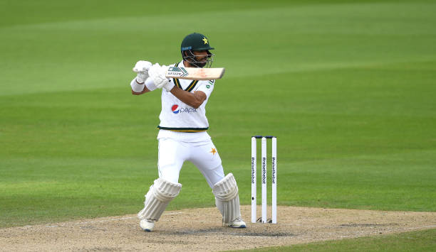Shan Masood of Pakistan hits runs during Two of the 1st #RaiseTheBat Test Match between England and Pakistan at Emirates Old Trafford on August 06...