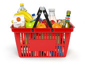 Shopping basket with variety of grocery products isolated on whi