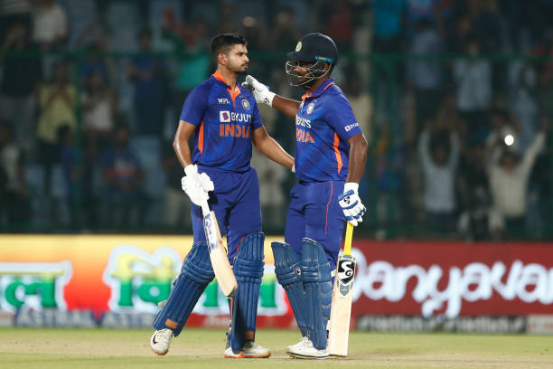 Shreyas Iyer of India and Sanju Samson of India celebrate the victory during the 3rd One Day International match between India and South Africa at...