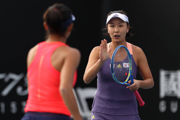 Shuai Peng and Shuai Zhang of China during their Women's Doubles first round match against Veronika Kudermetova of Russia and Alison Riske of the...