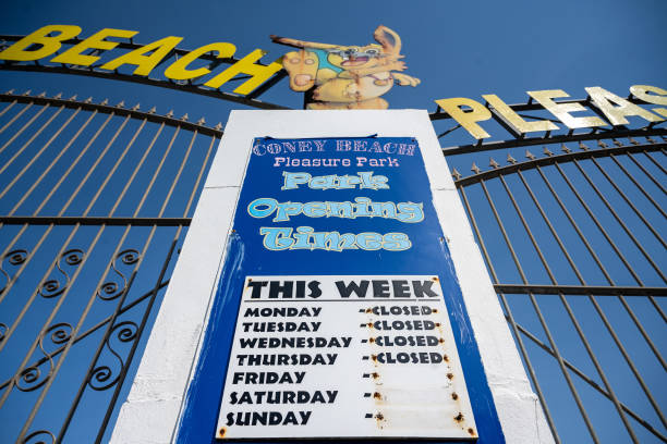 Sign at Coney Island Pleasure Park on April 10, 2020 in Porthcawl, United Kingdom. Police have stepped up patrols to prevent people from travelling...