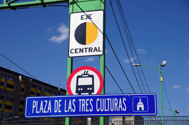 Signage for &quot;EJE CENTRAL&quot;, electric trolley buses, and Plaza de las Tres Culturas (Square of the Three Cultures), Tlatelolco, Mexico City, Mexico