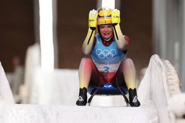 Silver medallist Anna Berreiter of Team Germany reacts in the Women's Singles Luge Run 4 on day four of the Beijing 2022 Winter Olympic Games at...