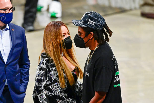 Singer Beyonce and rapper Jay-Z attend Game One of the Second Round of the 2021 NBA Playoffs between the Brooklyn Nets and the Milwaukee Bucks at...