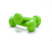 small green dumbbells,  isolated in white