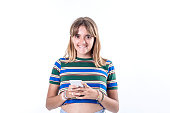 portrait smiling woman using mobile phone